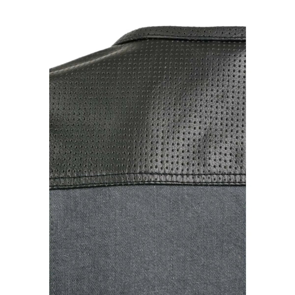 GREY MDM3005 Men's Brute Grey Denim w/ Black Perforated Leather Club Style Vest w/ Hidden Dual Closure