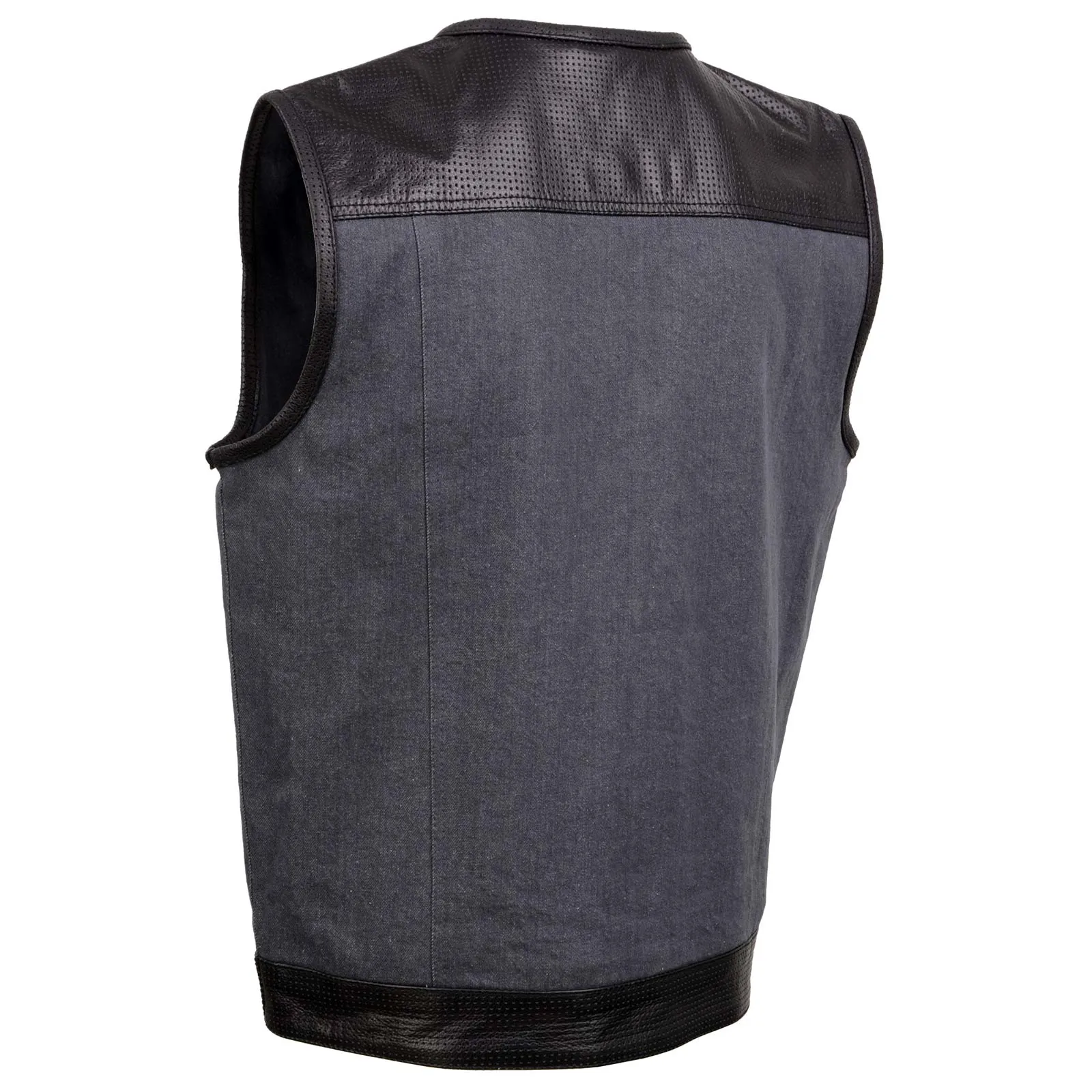 GREY MDM3005 Men's Brute Grey Denim w/ Black Perforated Leather Club Style Vest w/ Hidden Dual Closure