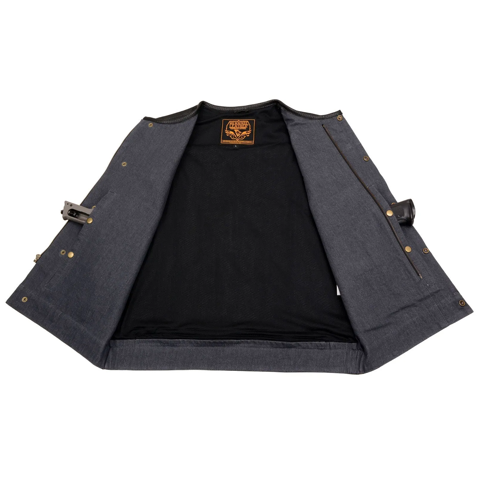 GREY MDM3005 Men's Brute Grey Denim w/ Black Perforated Leather Club Style Vest w/ Hidden Dual Closure