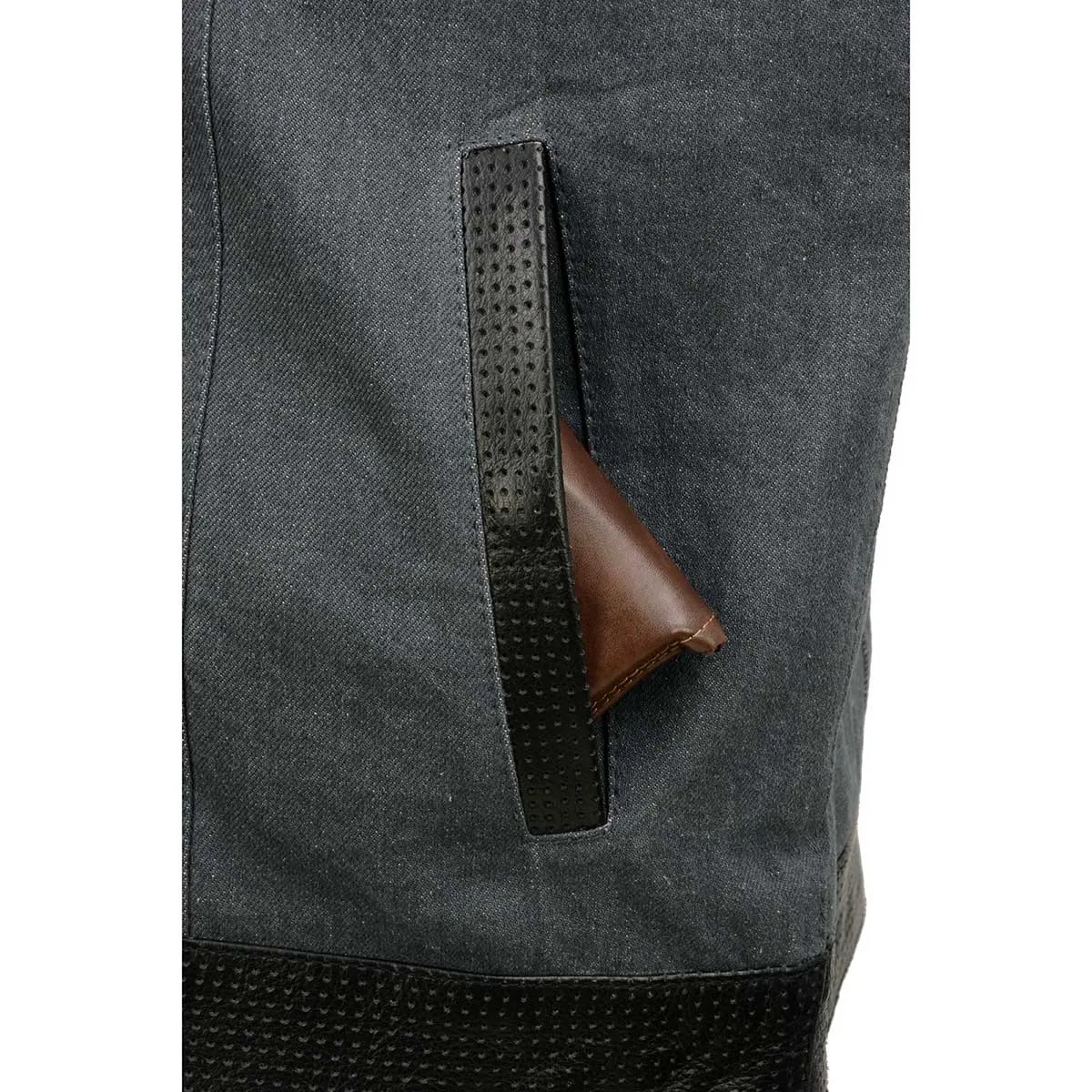GREY MDM3005 Men's Brute Grey Denim w/ Black Perforated Leather Club Style Vest w/ Hidden Dual Closure