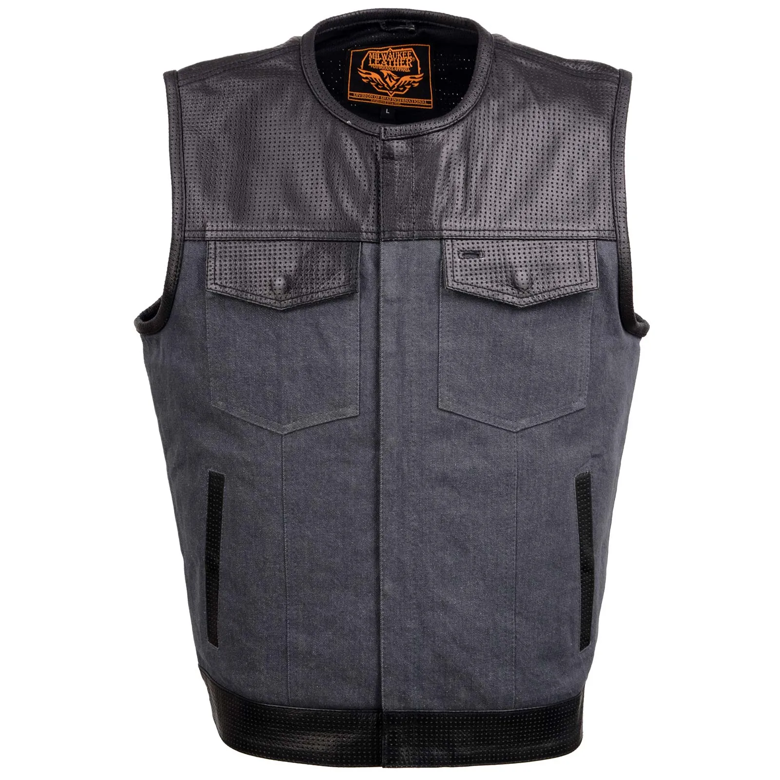 GREY MDM3005 Men's Brute Grey Denim w/ Black Perforated Leather Club Style Vest w/ Hidden Dual Closure
