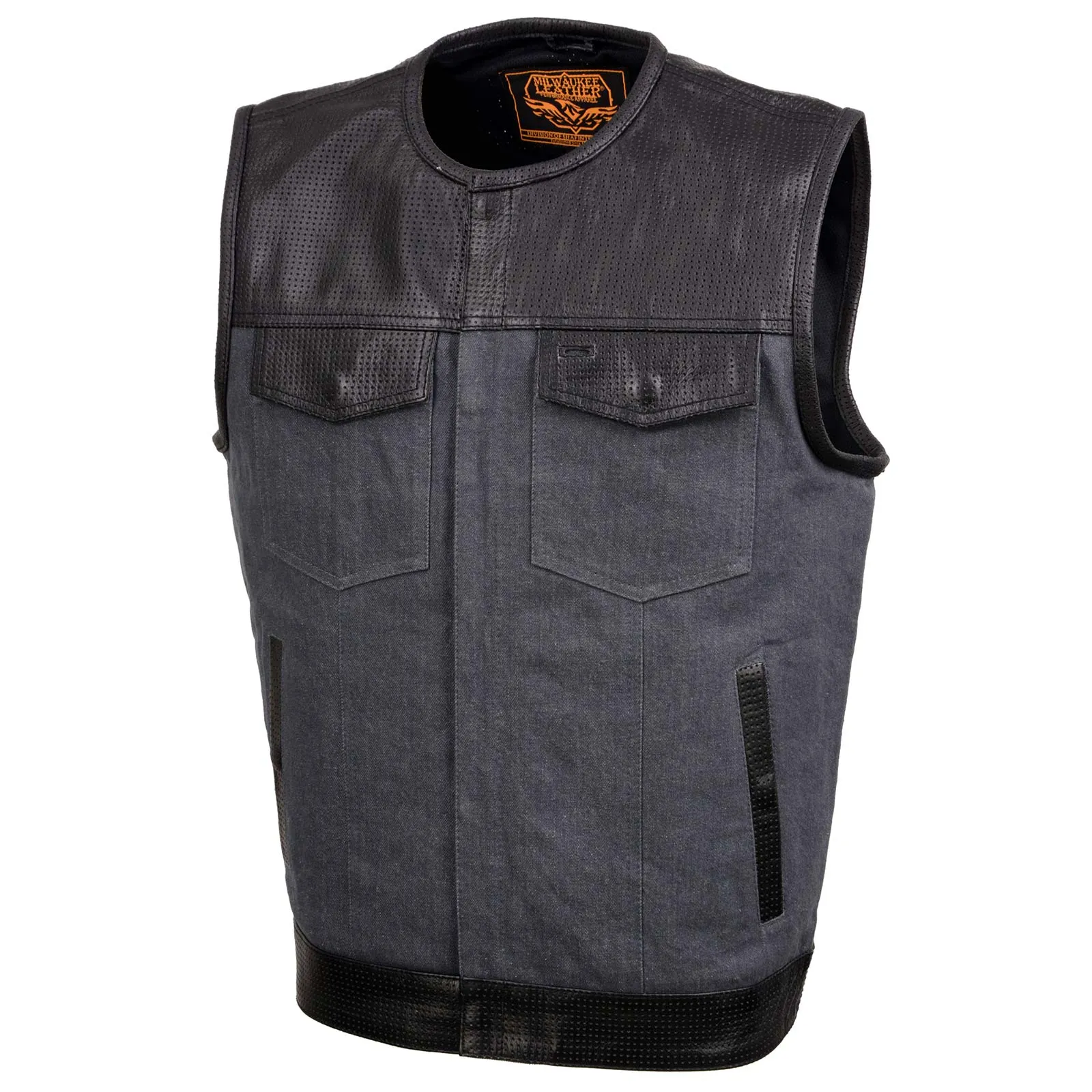 GREY MDM3005 Men's Brute Grey Denim w/ Black Perforated Leather Club Style Vest w/ Hidden Dual Closure