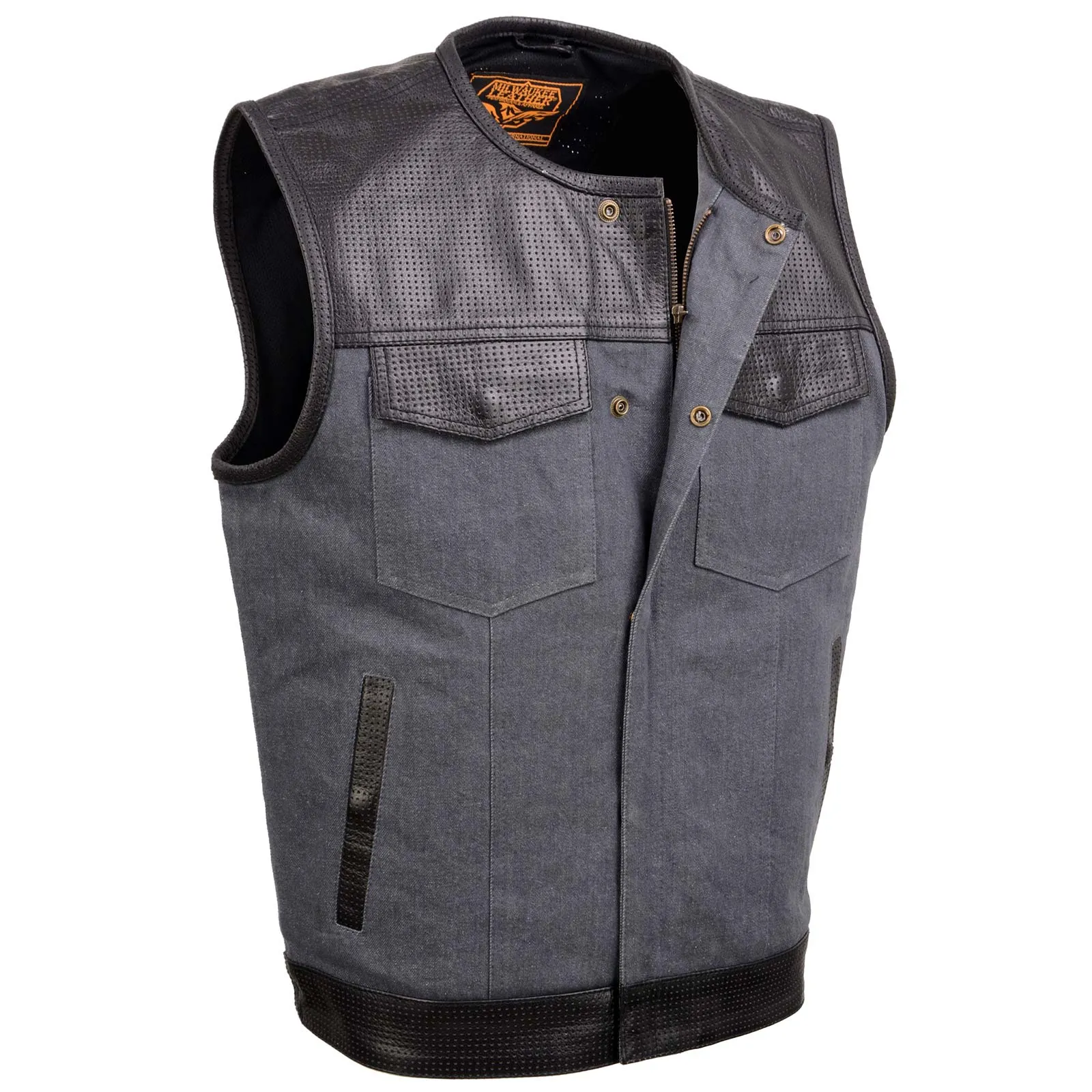 GREY MDM3005 Men's Brute Grey Denim w/ Black Perforated Leather Club Style Vest w/ Hidden Dual Closure