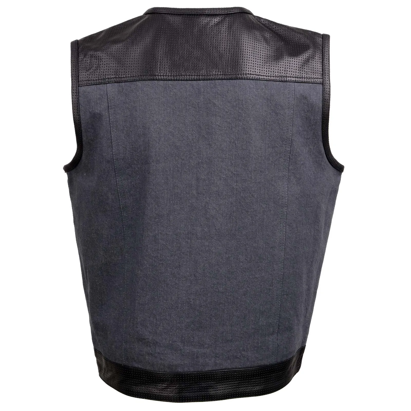 GREY MDM3005 Men's Brute Grey Denim w/ Black Perforated Leather Club Style Vest w/ Hidden Dual Closure