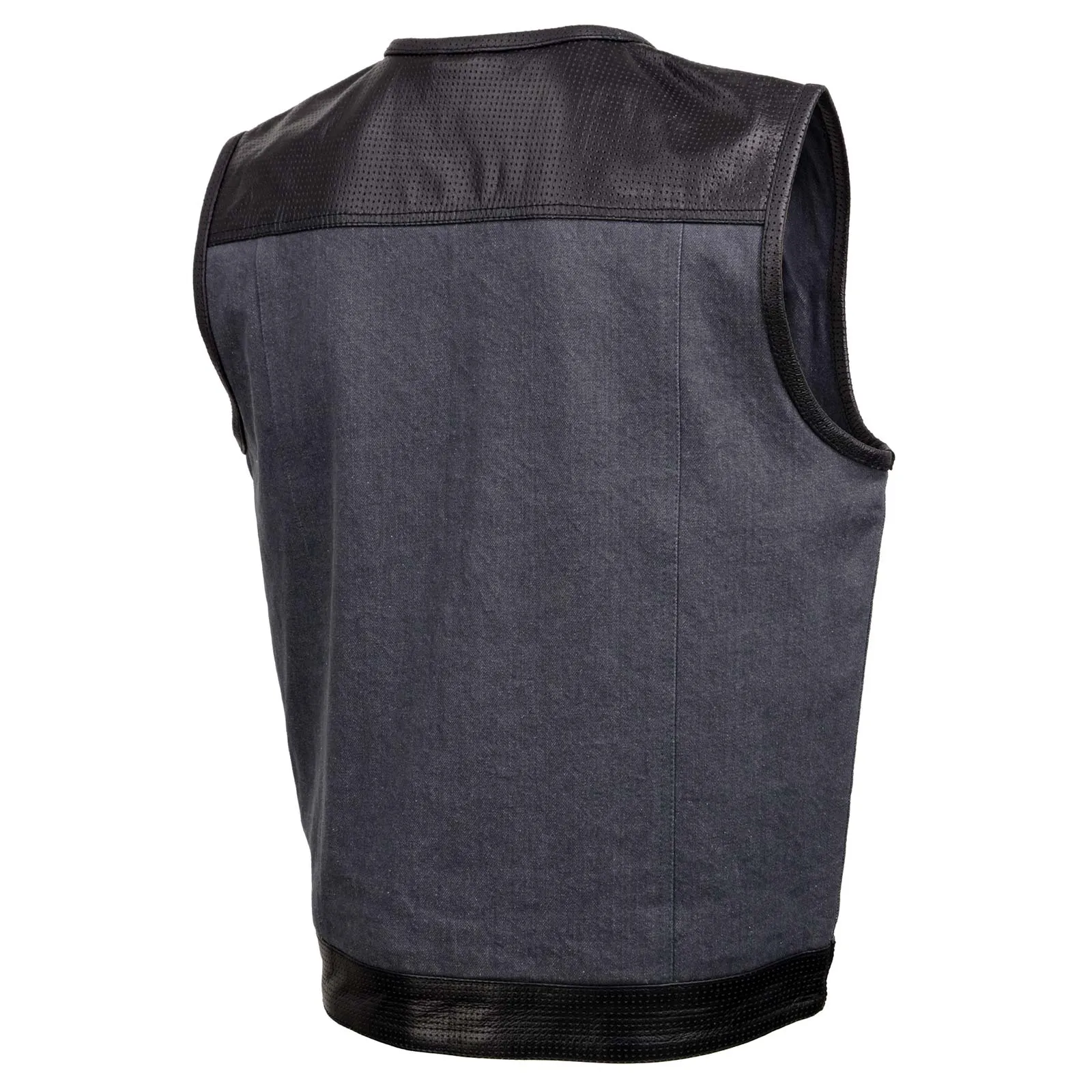 GREY MDM3005 Men's Brute Grey Denim w/ Black Perforated Leather Club Style Vest w/ Hidden Dual Closure