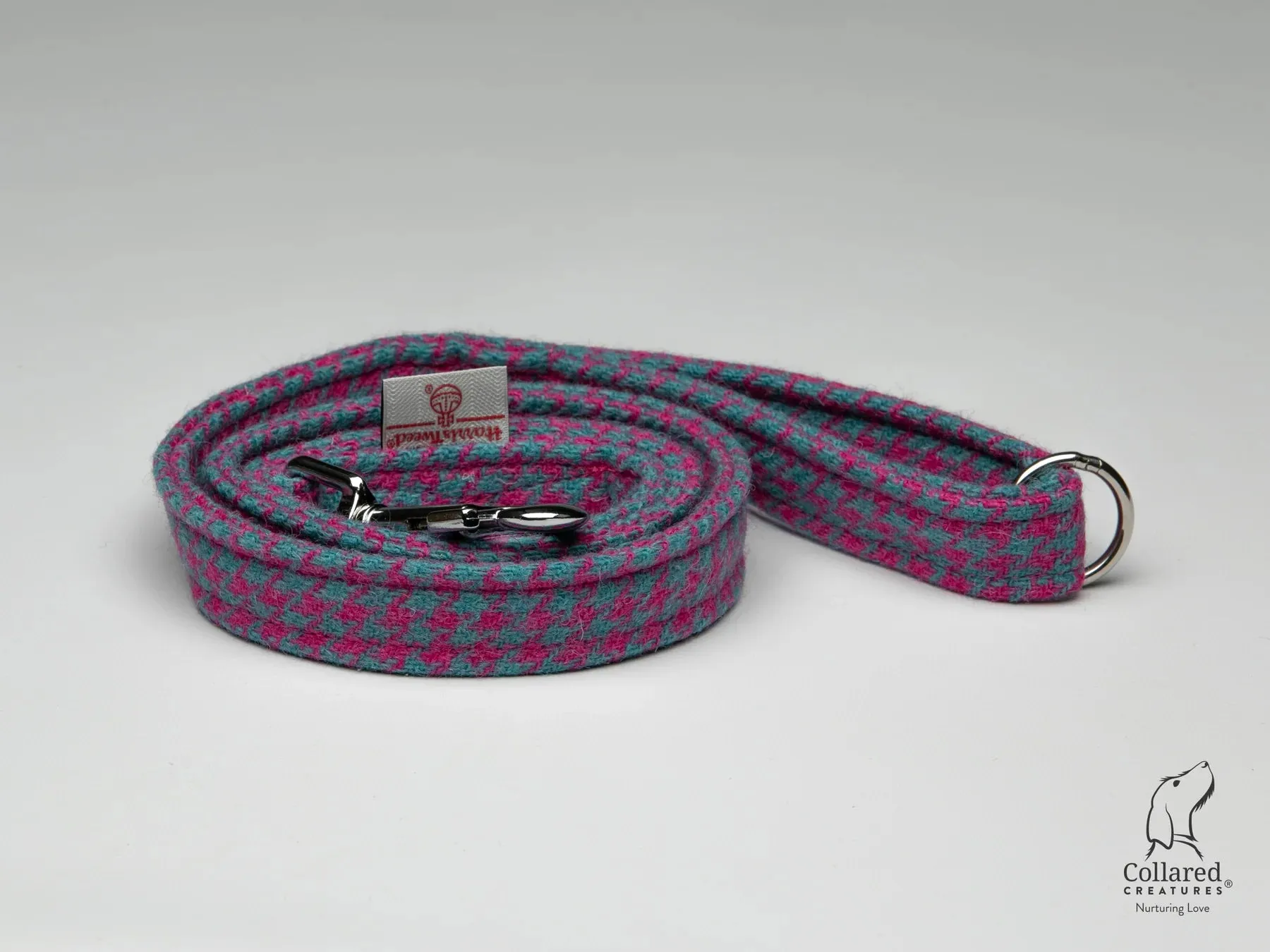 Harris Tweed Turquoise and Pink Houndstooth Dog Collar