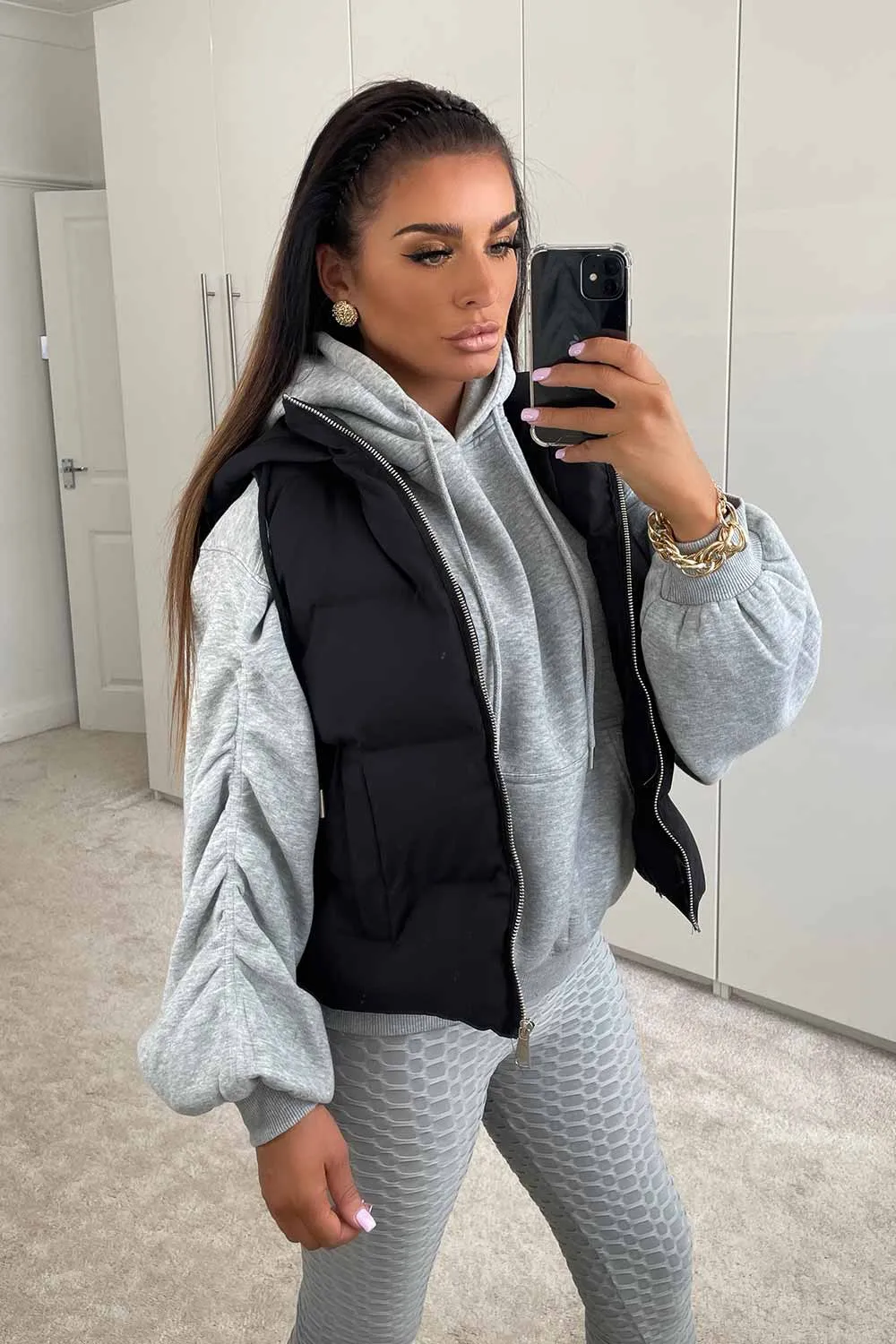 Hooded Gilet Sleeveless Jacket Full Zip For Women-Fp710 LJKT-2034-Black