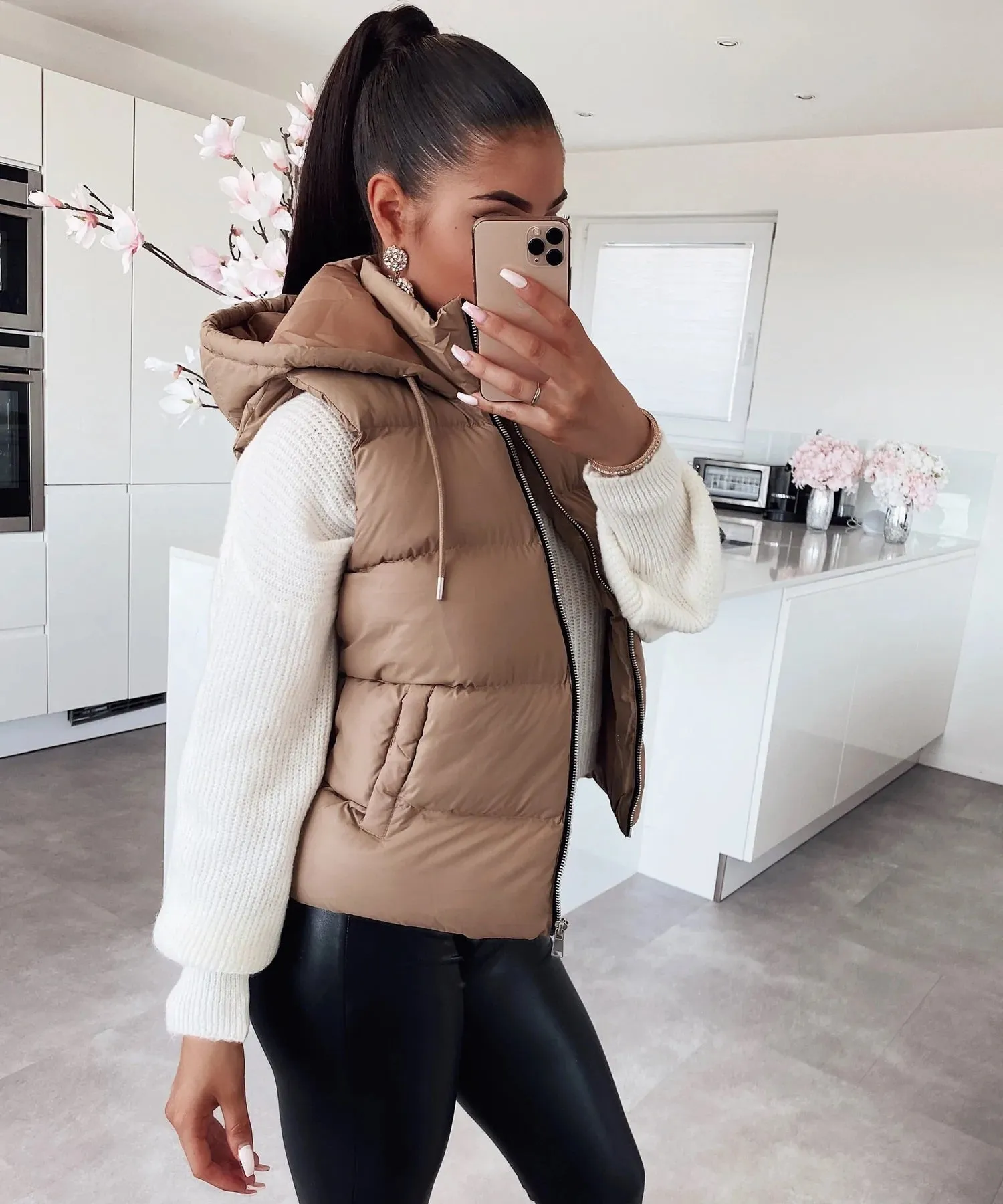 Hooded Gilet Sleeveless Jacket Full Zip For Women-Fp710 LJKT-2034-Black