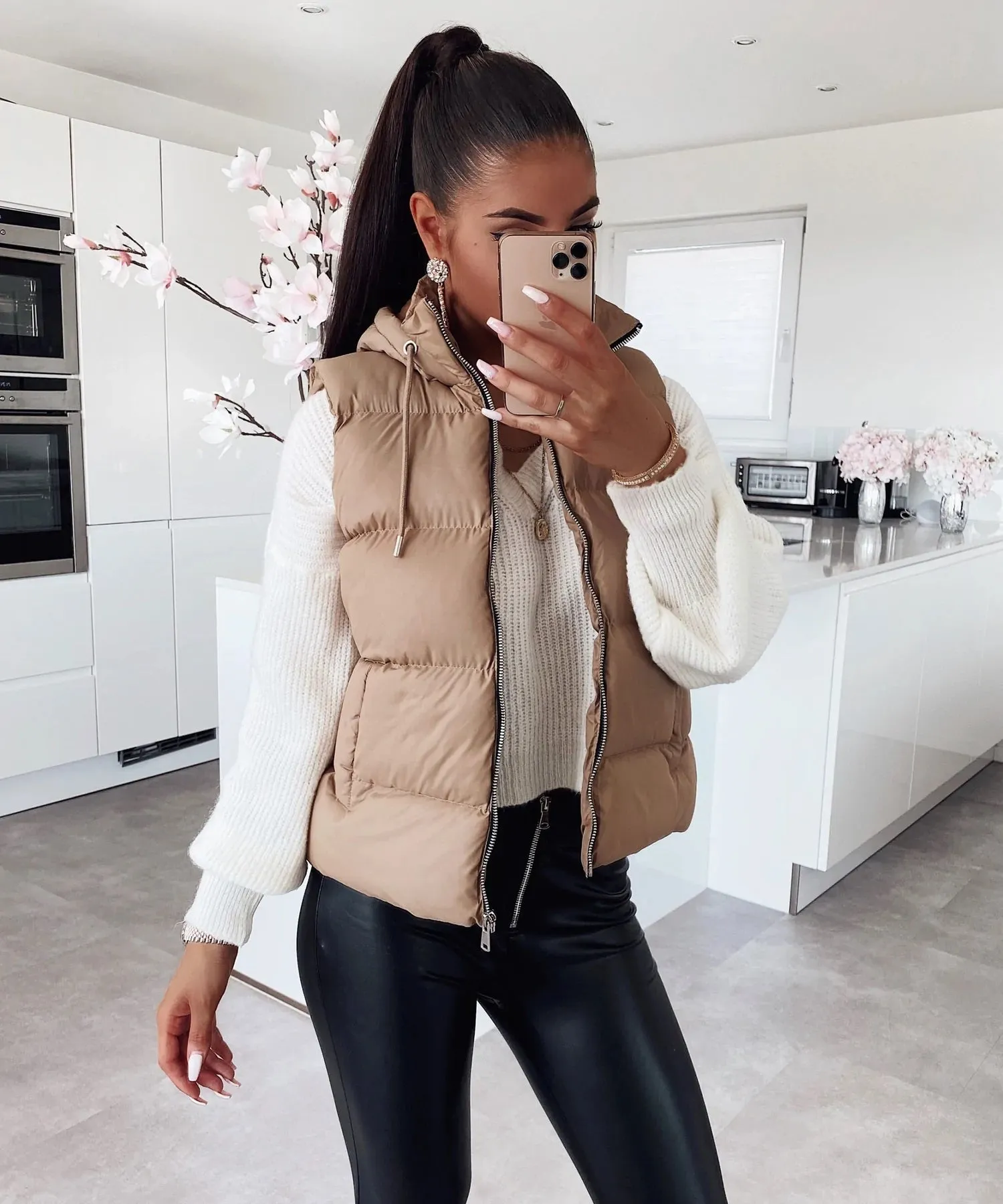 Hooded Gilet Sleeveless Jacket Full Zip For Women-Fp710 LJKT-2034-Black