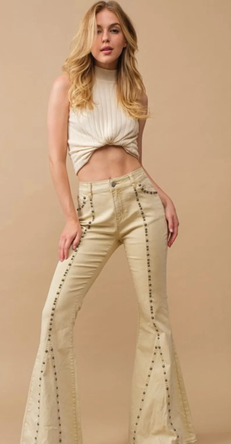 Ivory Gold Stud Flared Jeans
