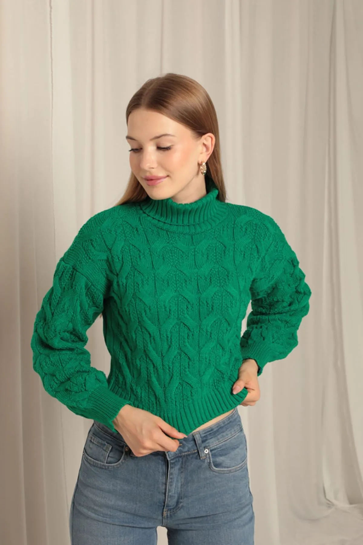 KKT Knitwear Fabric Knit Detailed Women's Green Sweater - Durham
