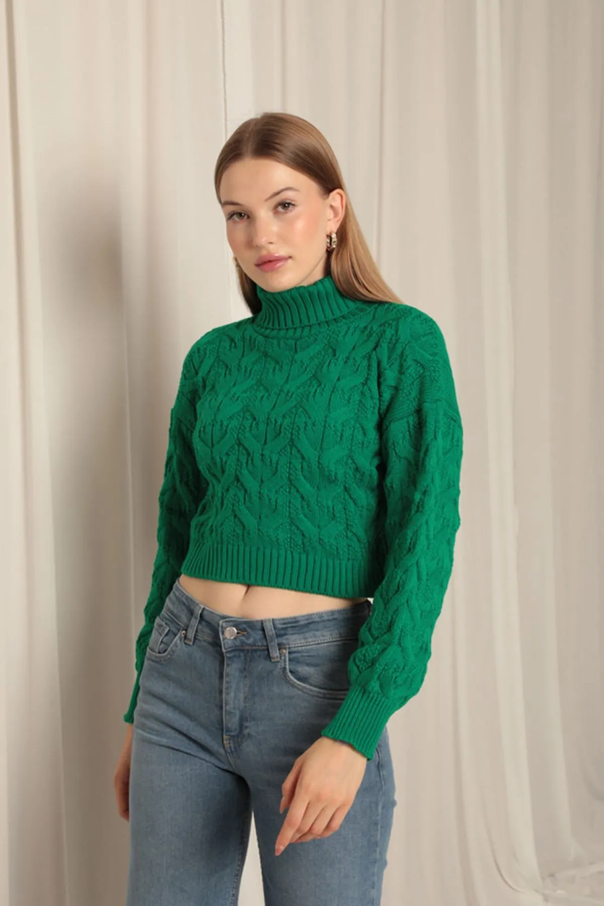 KKT Knitwear Fabric Knit Detailed Women's Green Sweater - Durham
