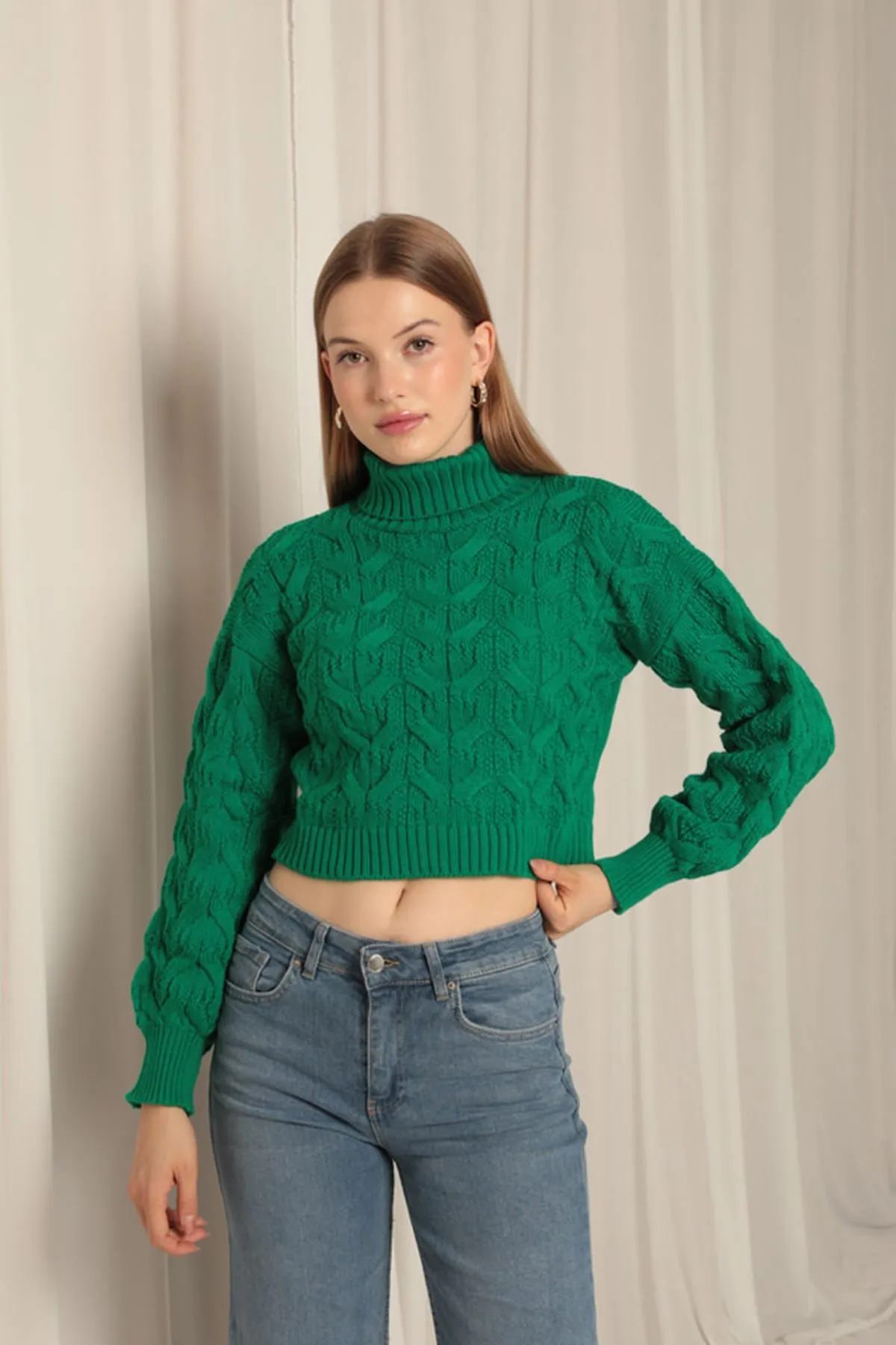 KKT Knitwear Fabric Knit Detailed Women's Green Sweater - Durham