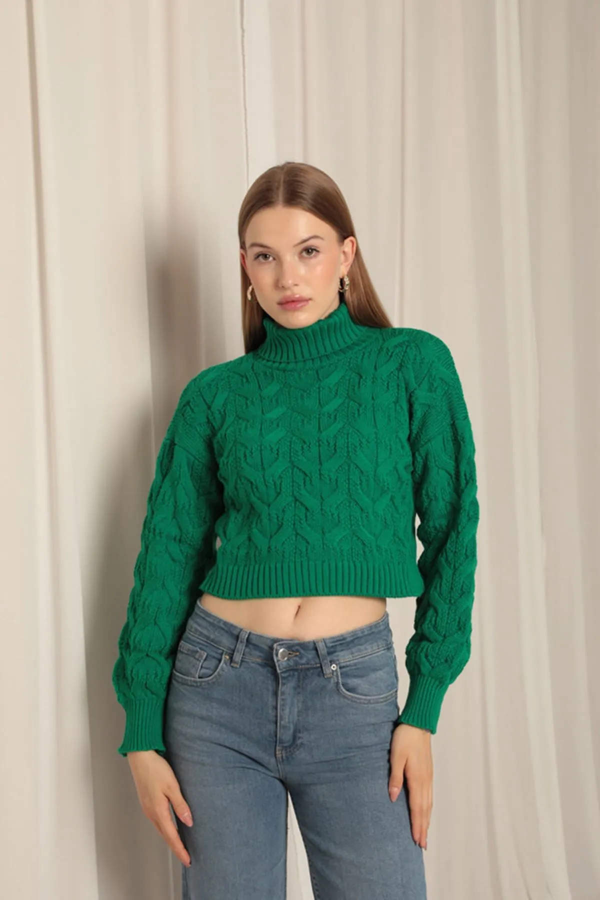 KKT Knitwear Fabric Knit Detailed Women's Green Sweater - Durham