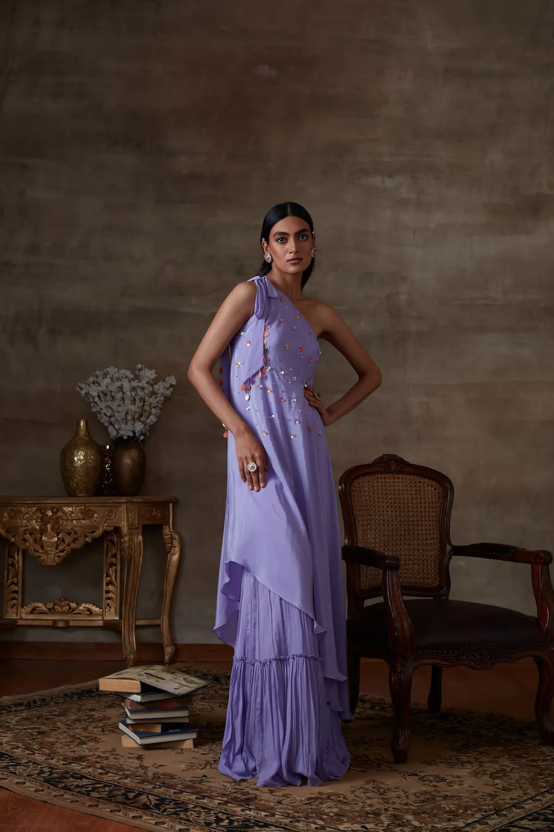 Lilac one- shoulder tunic with sharara