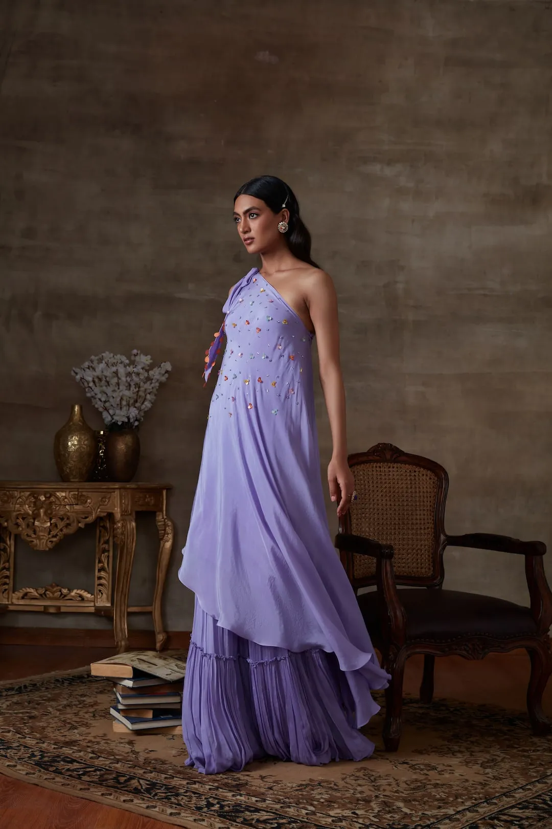 Lilac one- shoulder tunic with sharara