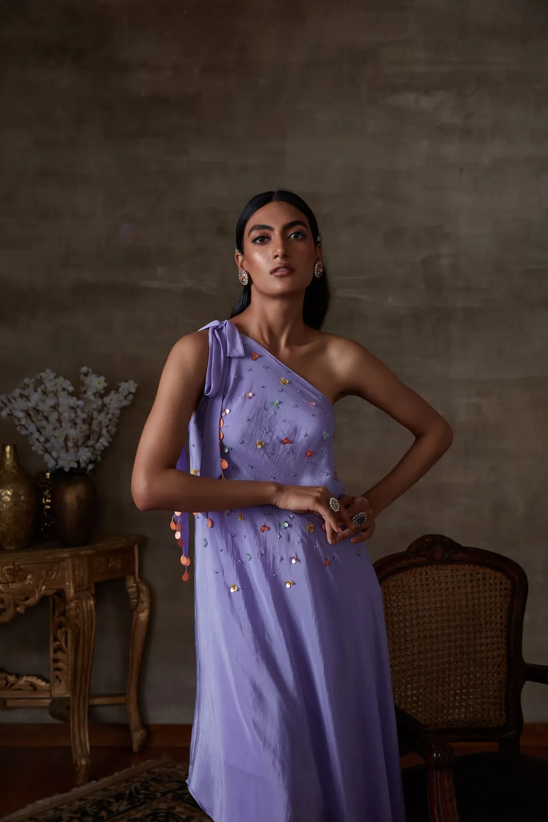 Lilac one- shoulder tunic with sharara