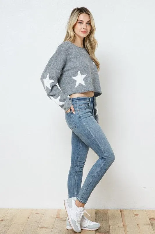 long sleeve cropped star printed sweater