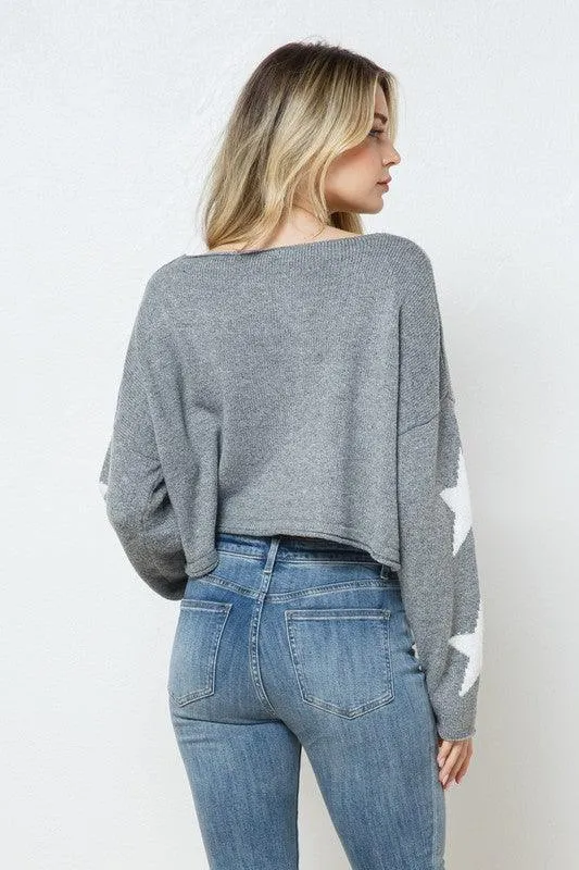 long sleeve cropped star printed sweater