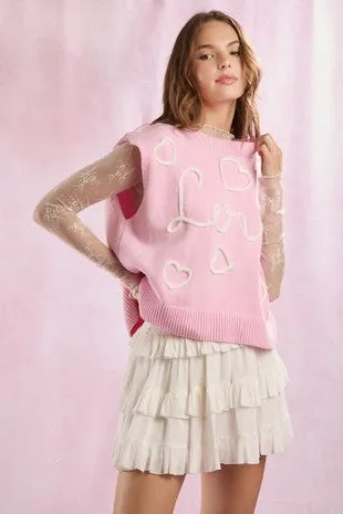 'Love' & Hearts Thread Embroidery Sweater Vest