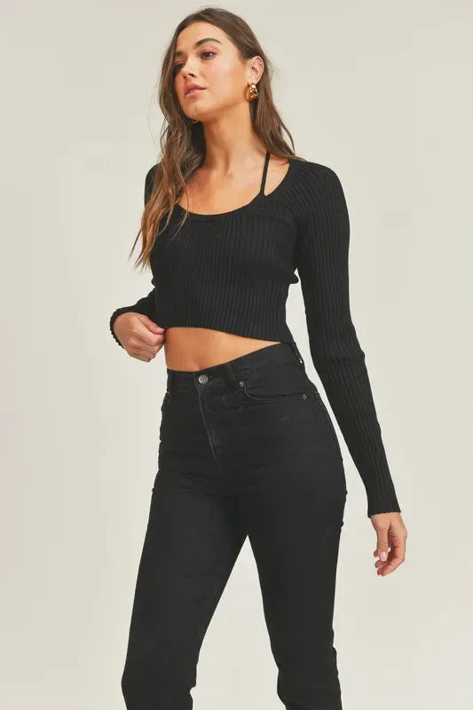 MABLE Long Sleeve Crop Sweater Top and Inner Bra Set