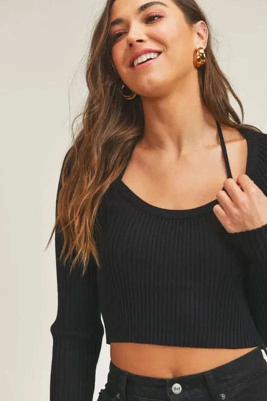 MABLE Long Sleeve Crop Sweater Top and Inner Bra Set