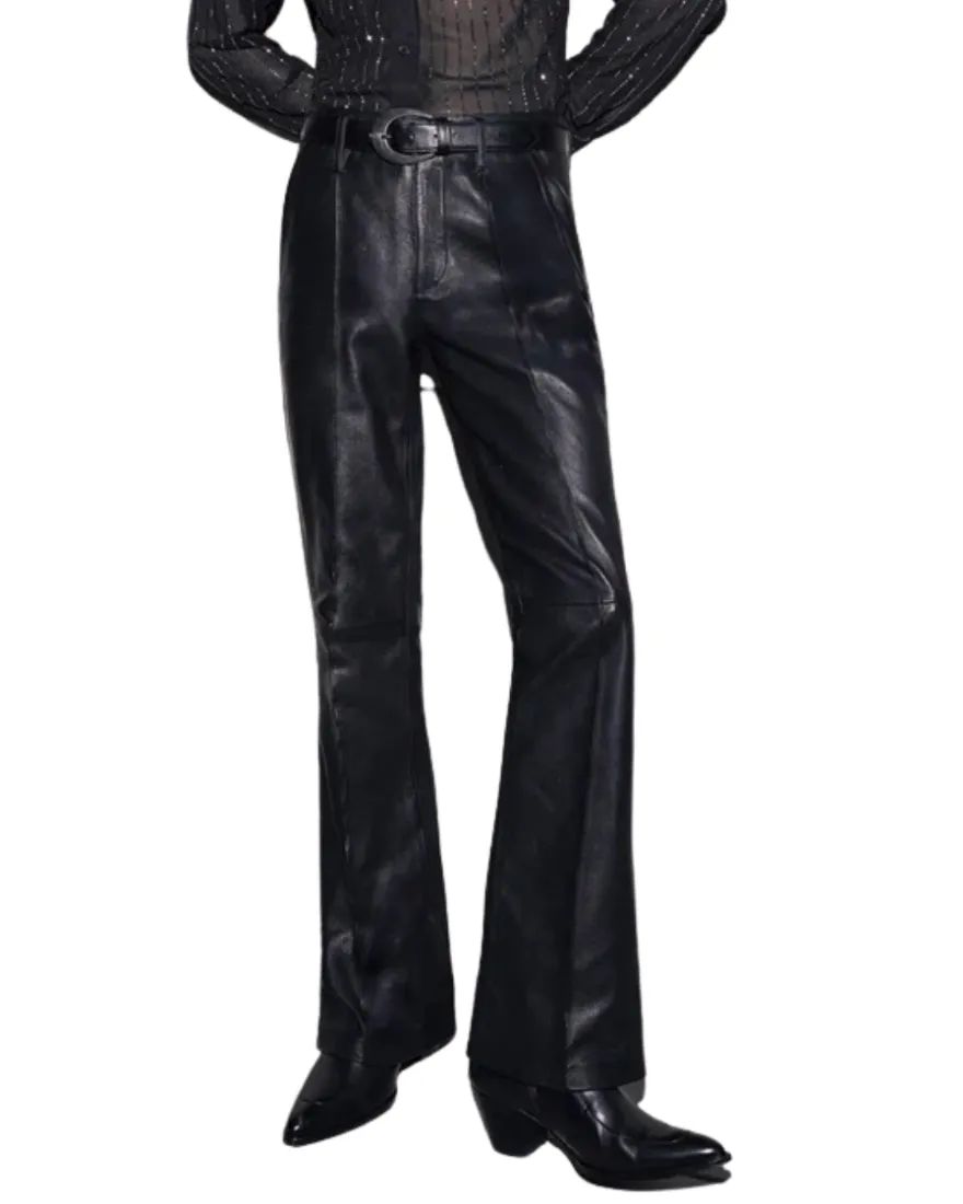 Mens Black Flared Leather Pants