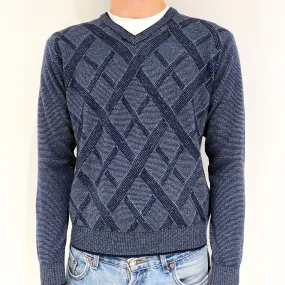 Men's Naval Blue Diamond Pattern Cashmere V-Neck Jumper Medium