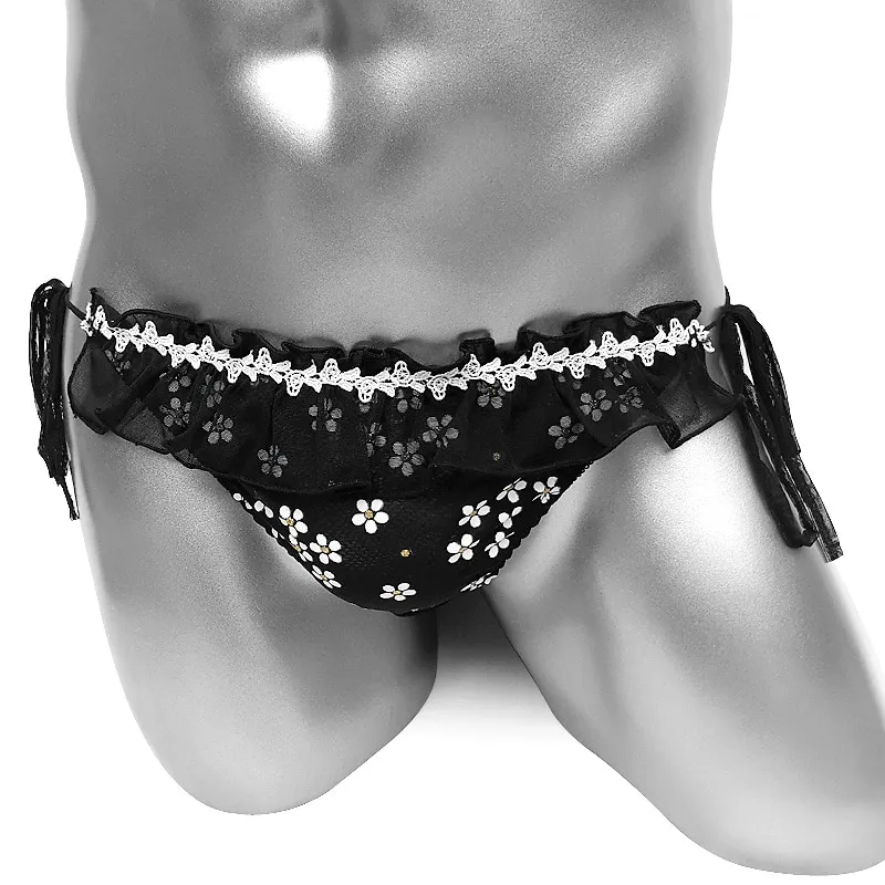 Men's Sissy Lace-Up Panties with Floral Print / Frilly Briefs with Sheer Back / Male Sexy Underwear