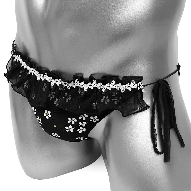 Men's Sissy Lace-Up Panties with Floral Print / Frilly Briefs with Sheer Back / Male Sexy Underwear