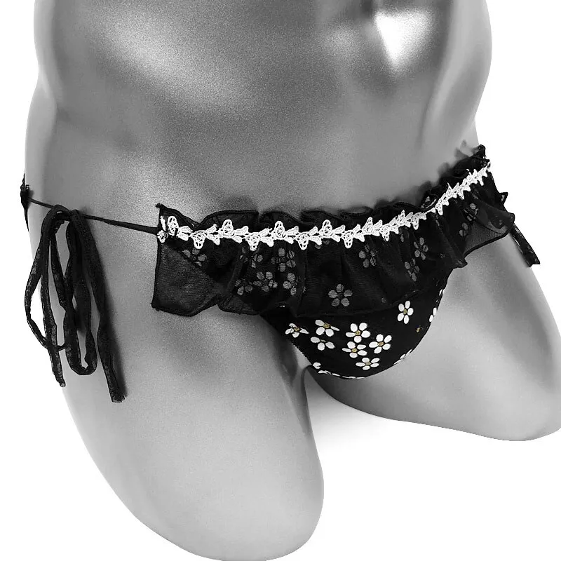 Men's Sissy Lace-Up Panties with Floral Print / Frilly Briefs with Sheer Back / Male Sexy Underwear