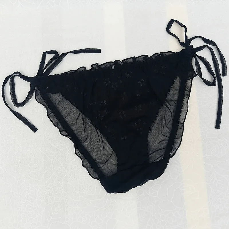 Men's Sissy Lace-Up Panties with Floral Print / Frilly Briefs with Sheer Back / Male Sexy Underwear