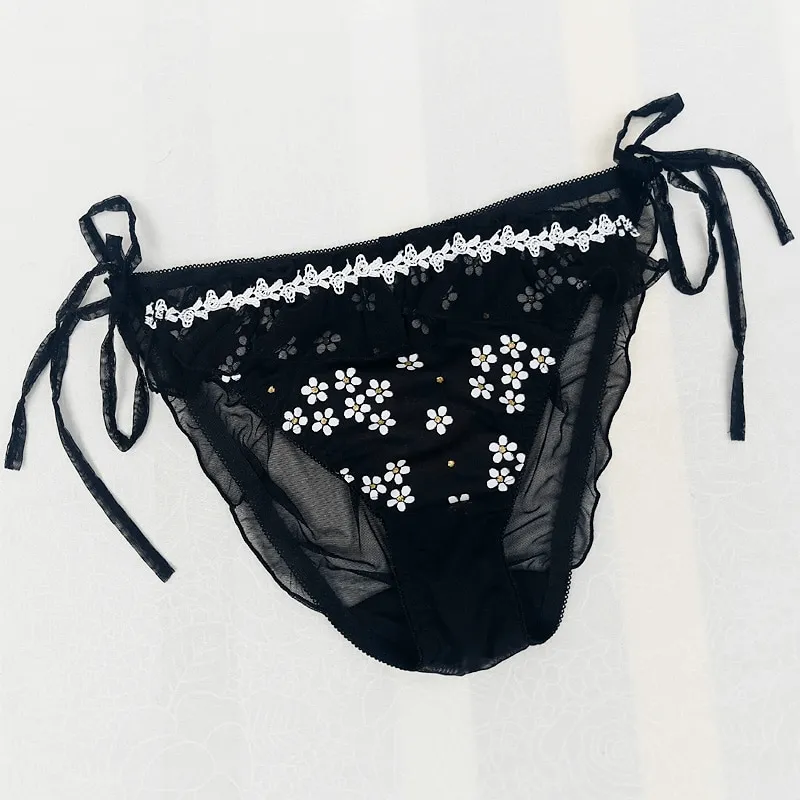 Men's Sissy Lace-Up Panties with Floral Print / Frilly Briefs with Sheer Back / Male Sexy Underwear