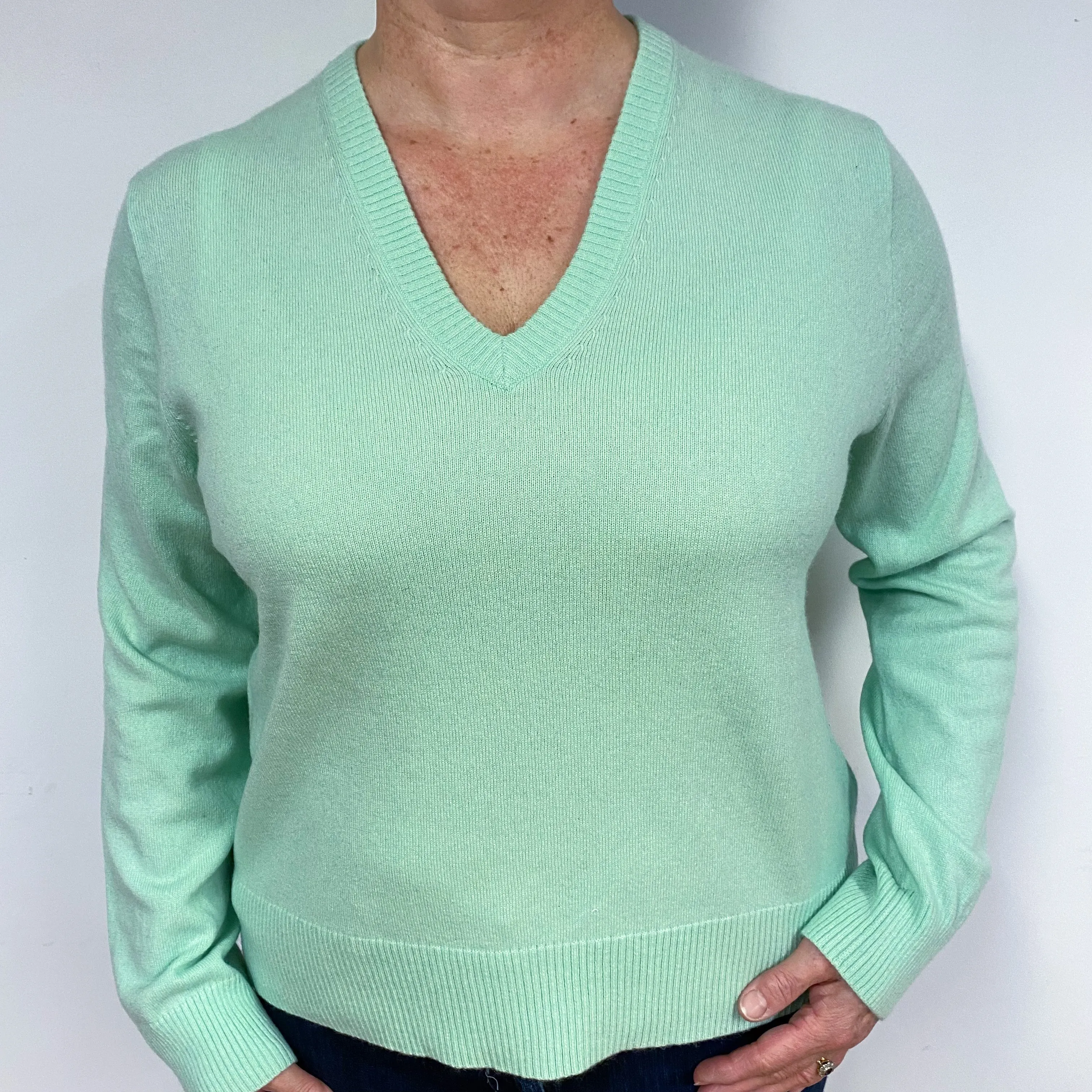 Mint Green Cashmere V-Neck Jumper Large