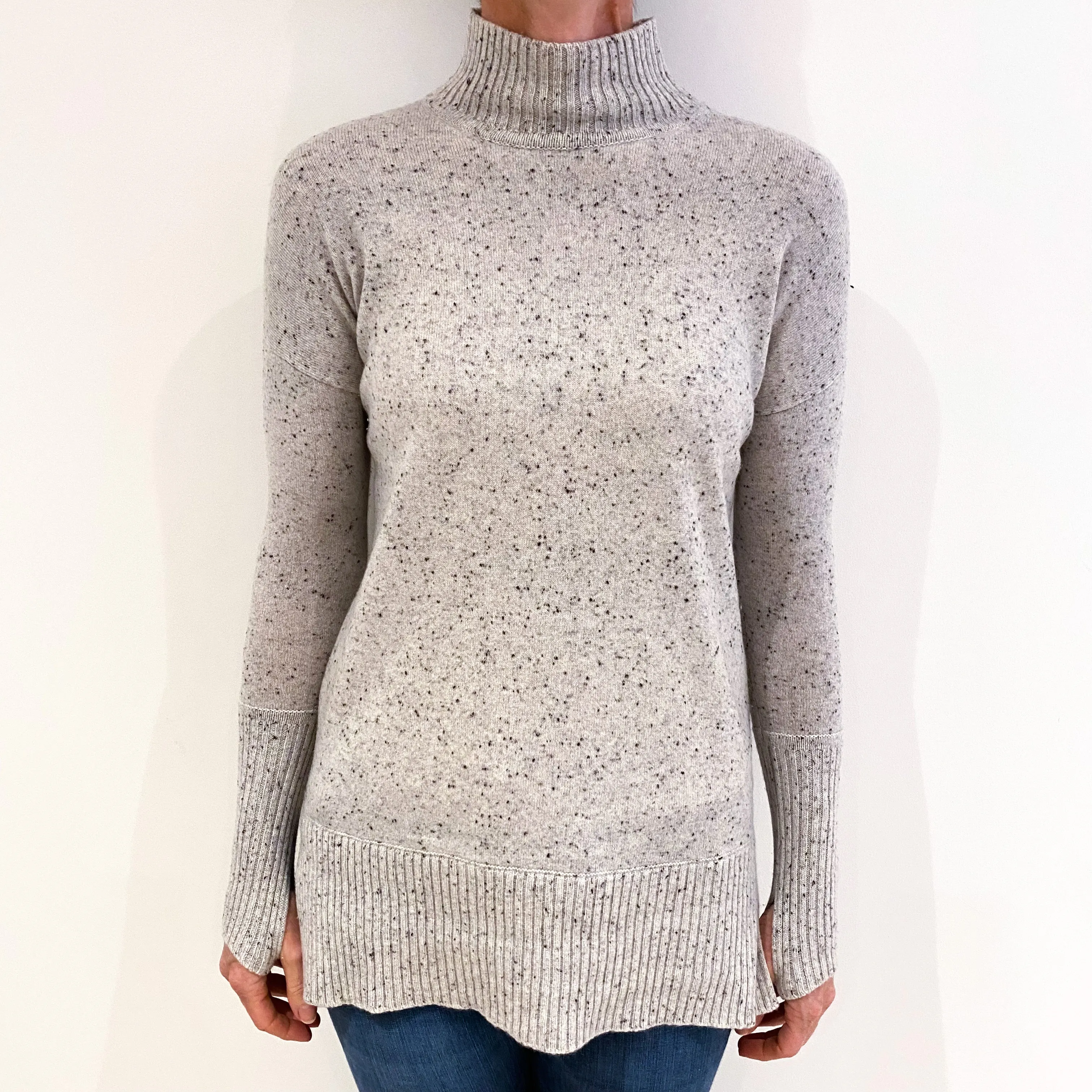 Mist Grey Speckled Cashmere Polo Neck Jumper Small