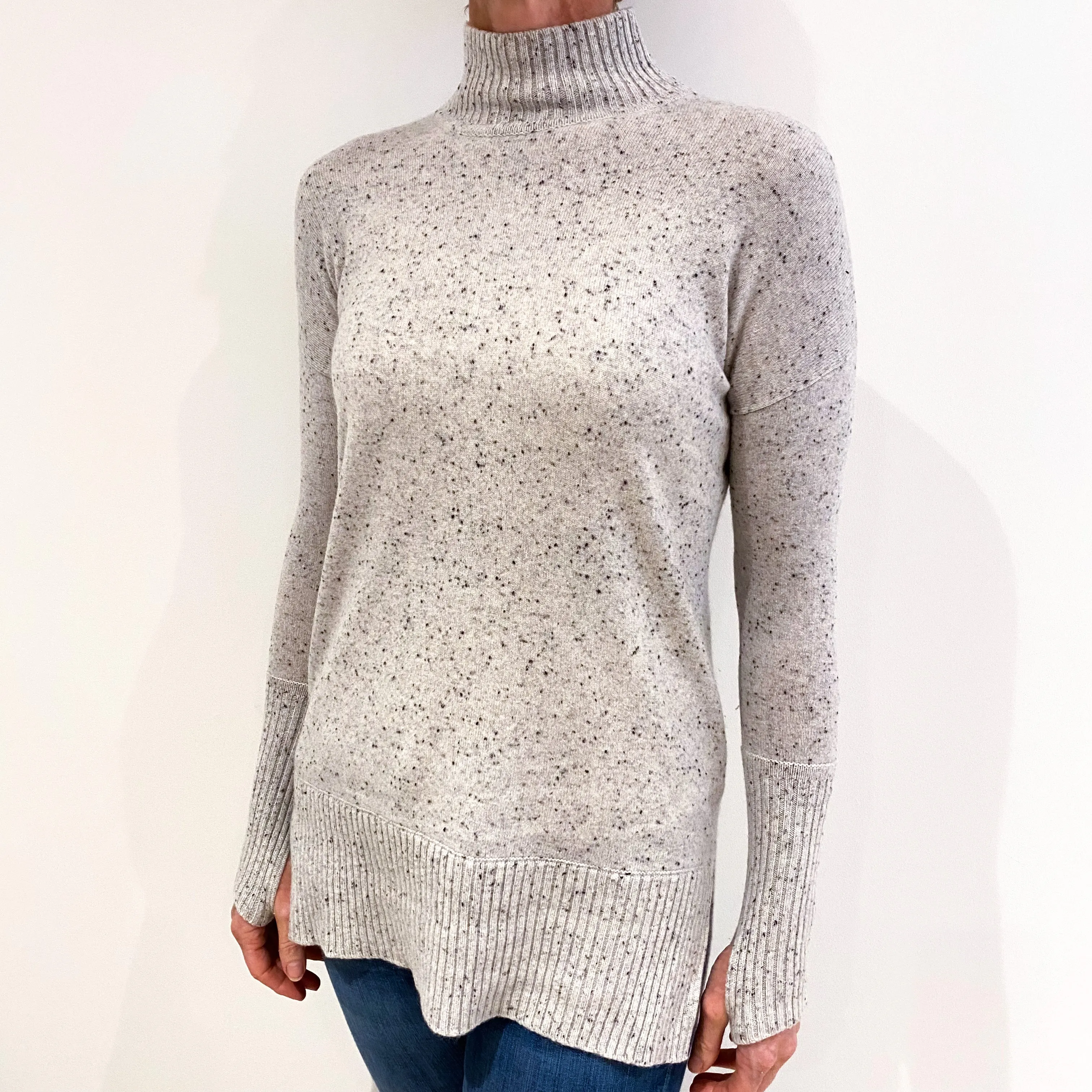 Mist Grey Speckled Cashmere Polo Neck Jumper Small