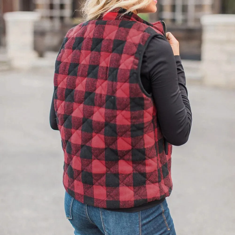 Mock Neck Zipper Plaid Gilet