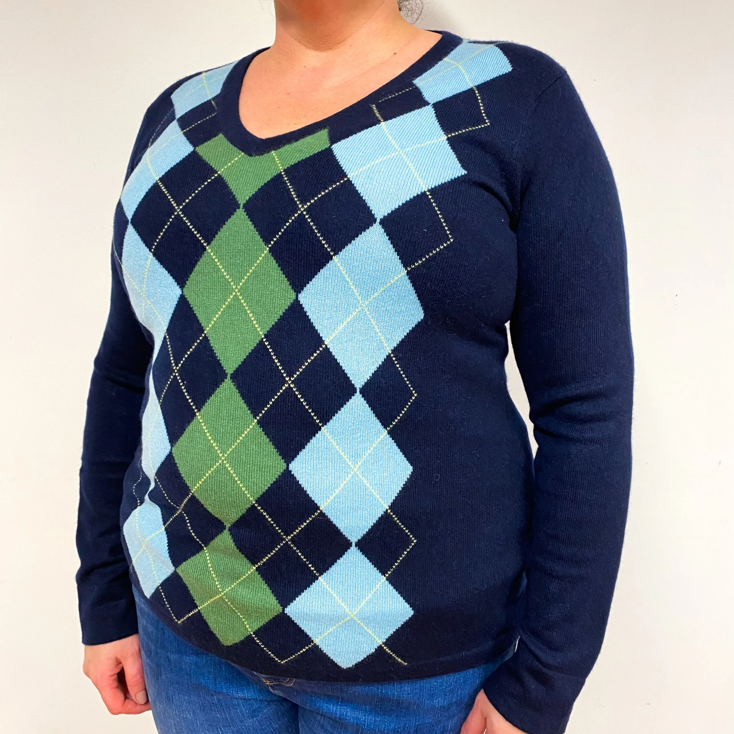 Navy Blue and Green Diamond Cashmere V-Neck Jumper Extra Large
