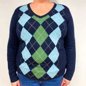 Navy Blue and Green Diamond Cashmere V-Neck Jumper Extra Large