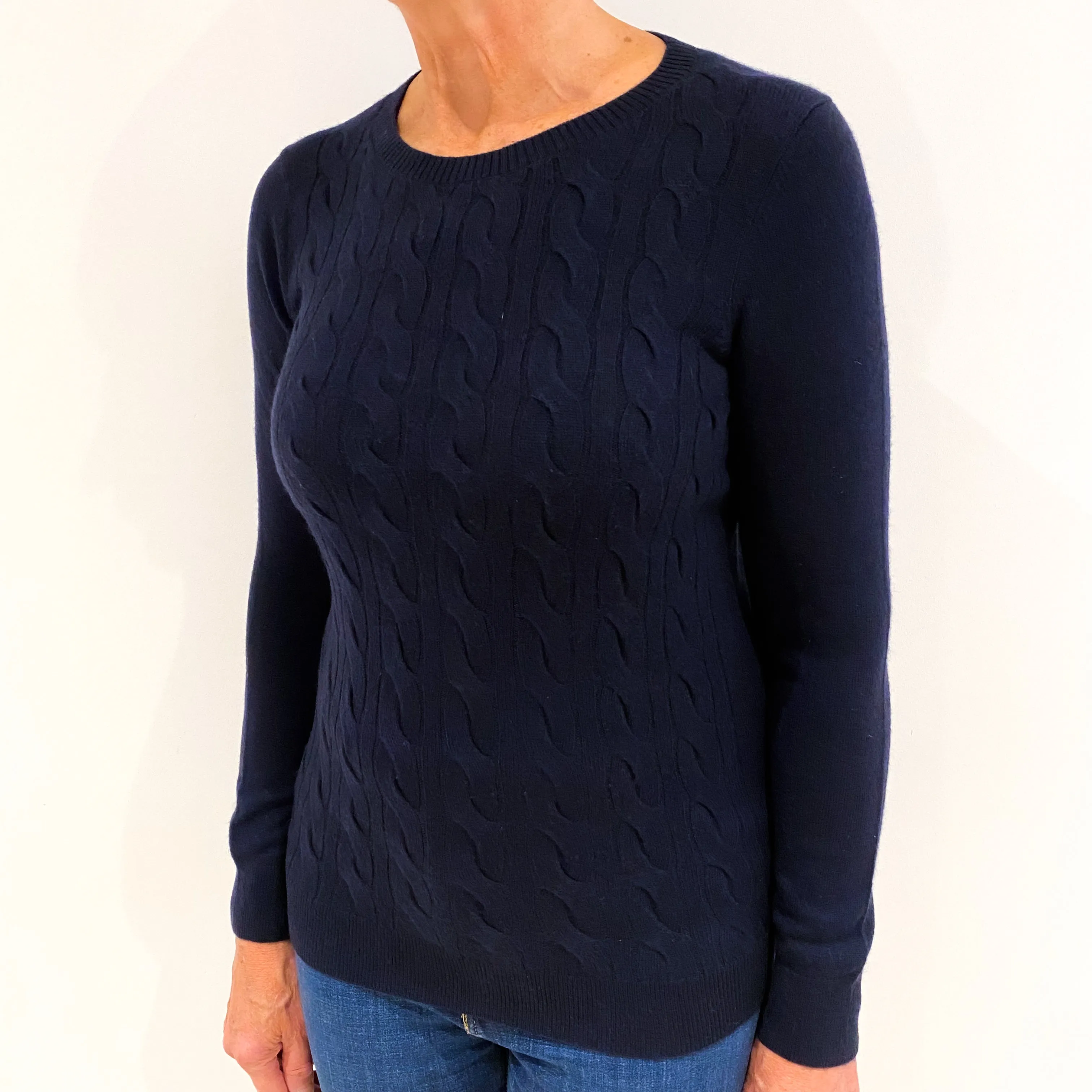 Navy Cable Front Cashmere Crew Neck Jumper Medium