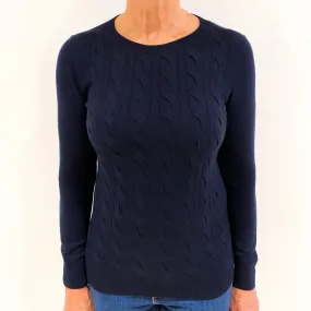 Navy Cable Front Cashmere Crew Neck Jumper Medium