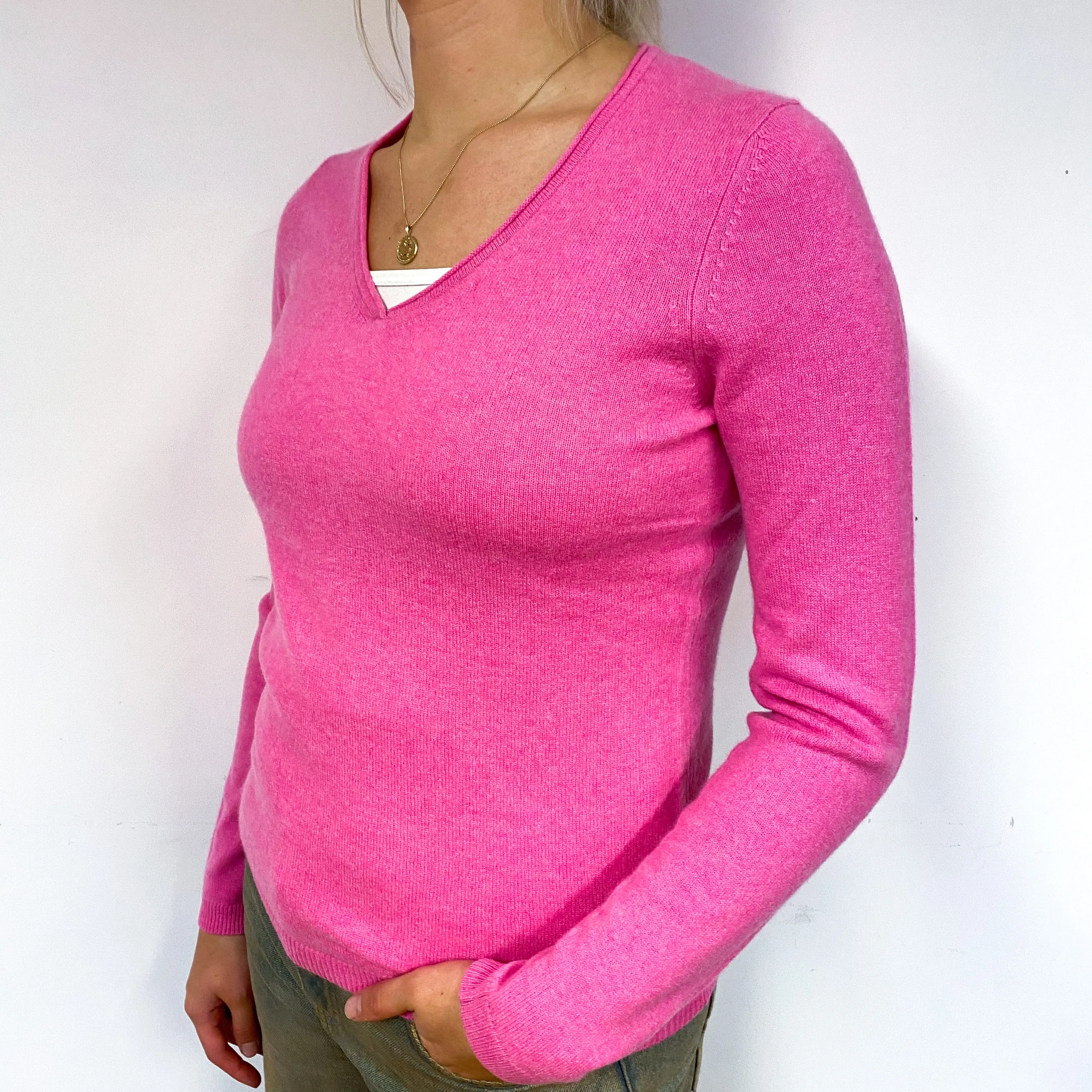 New Bright Pink Cashmere V-Neck Jumper Small