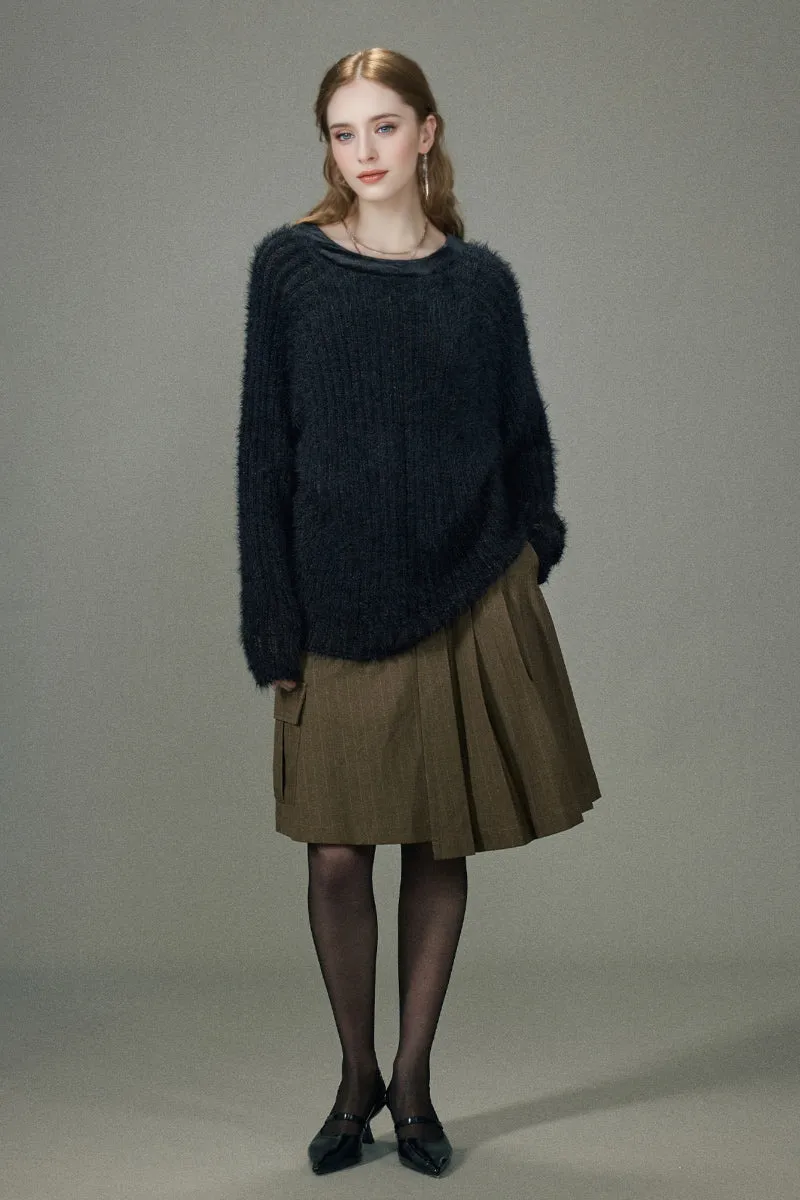 Oversized Faux Mink Fur Crewneck Sweater with Velvet Collar