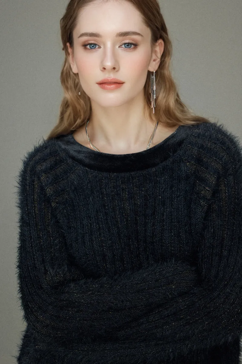 Oversized Faux Mink Fur Crewneck Sweater with Velvet Collar