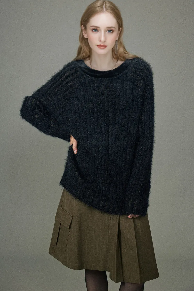 Oversized Faux Mink Fur Crewneck Sweater with Velvet Collar
