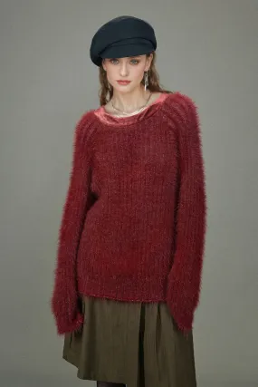 Oversized Faux Mink Fur Crewneck Sweater with Velvet Collar