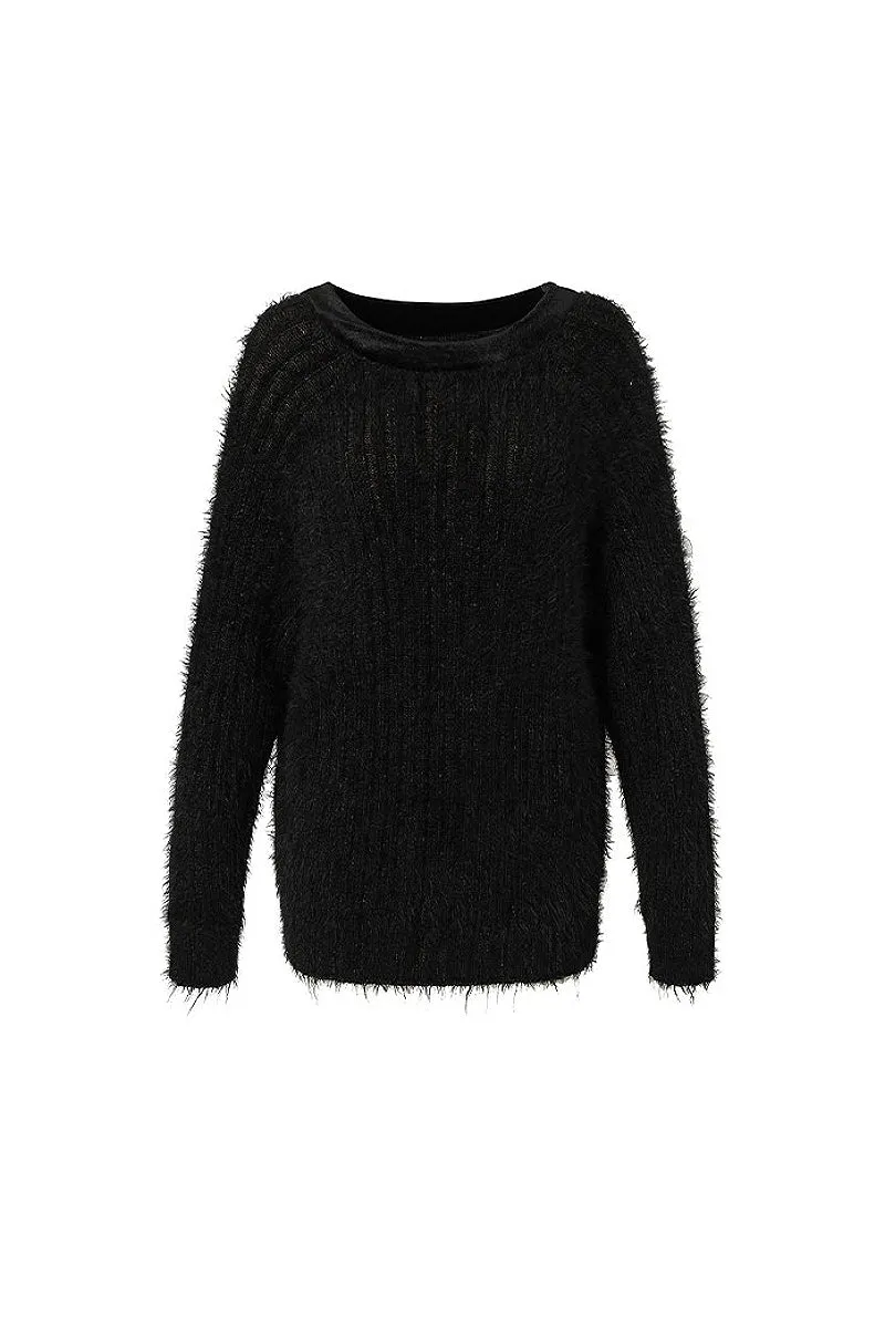 Oversized Faux Mink Fur Crewneck Sweater with Velvet Collar