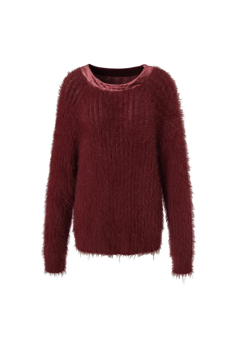 Oversized Faux Mink Fur Crewneck Sweater with Velvet Collar