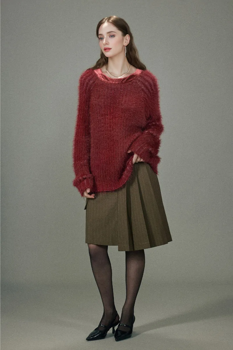 Oversized Faux Mink Fur Crewneck Sweater with Velvet Collar