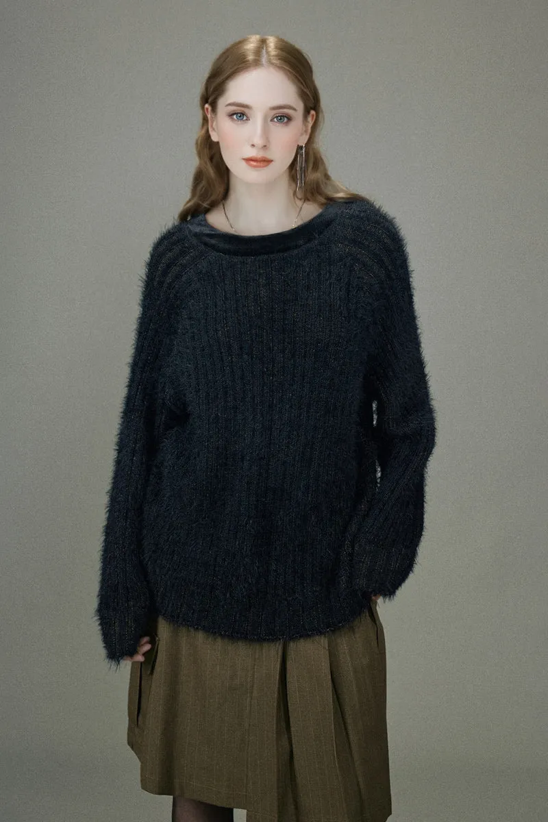 Oversized Faux Mink Fur Crewneck Sweater with Velvet Collar